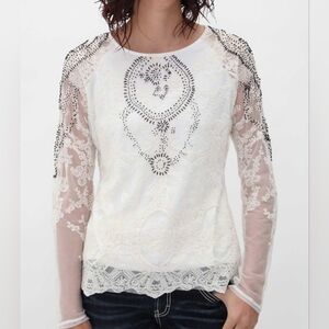 BKE Boutique lace beaded vintage vibe long sleeved boho top